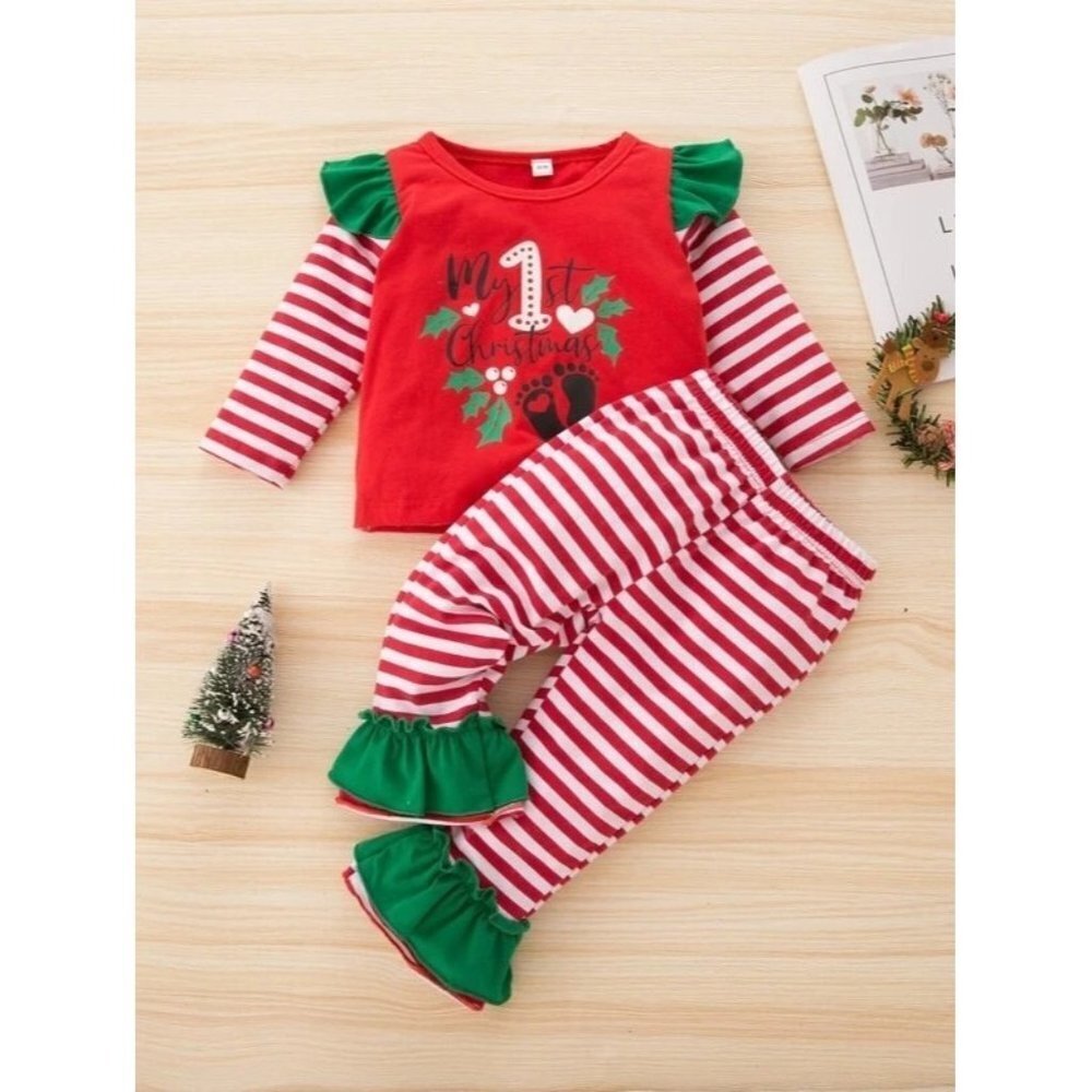 NEW SHEIN Baby Striped And Christmas Print Ruffle Trim Top & Flare Leg Pants Siz